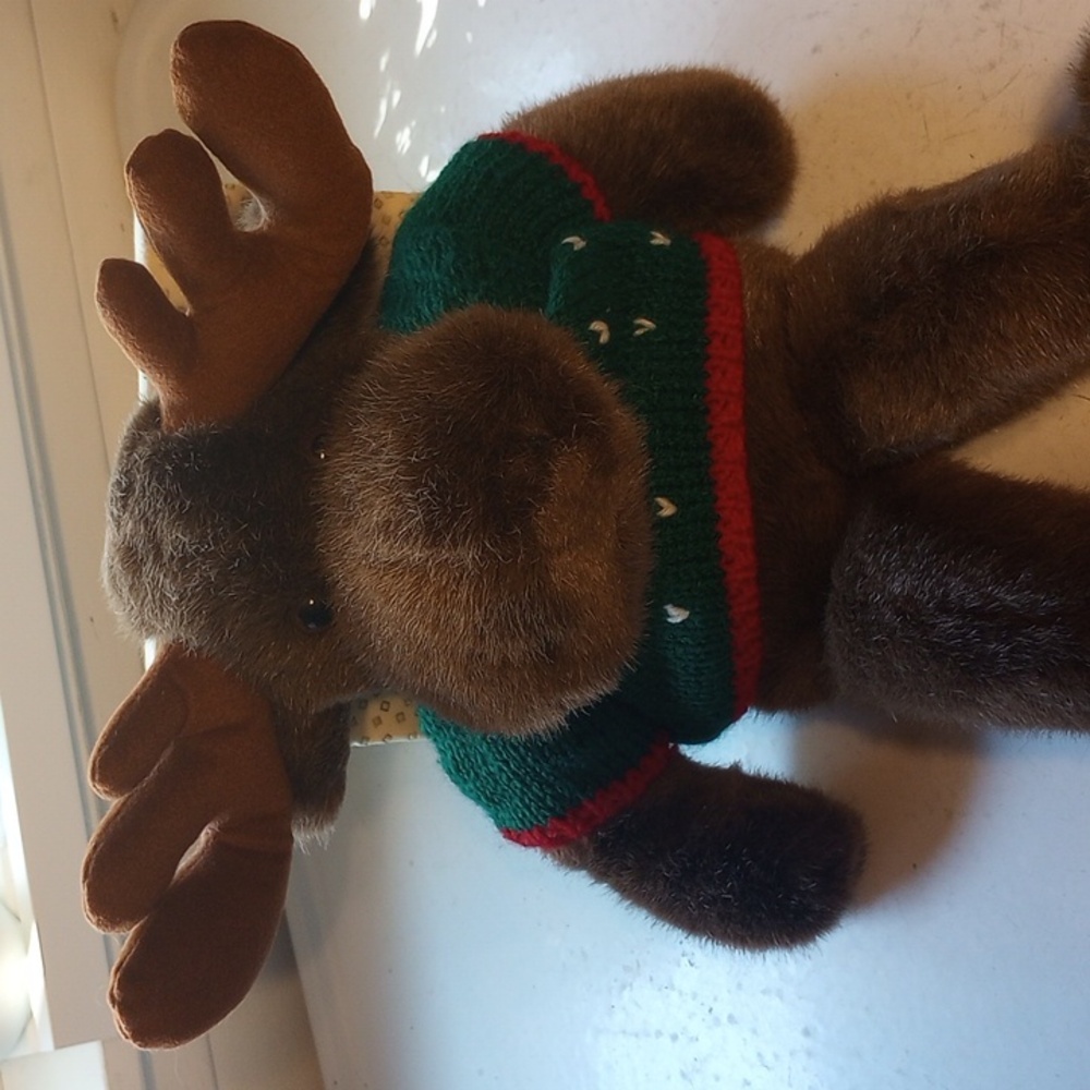 Vintage Brown Christmas Moose w/ Green & Red Holiday Knit Sweater
